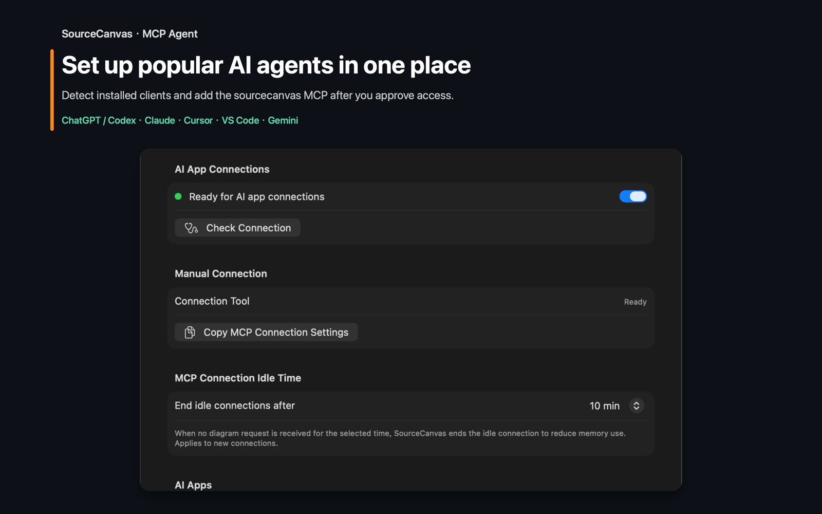 SourceCanvas MCP and Agent configuration settings on macOS: Connect popular AI hosts