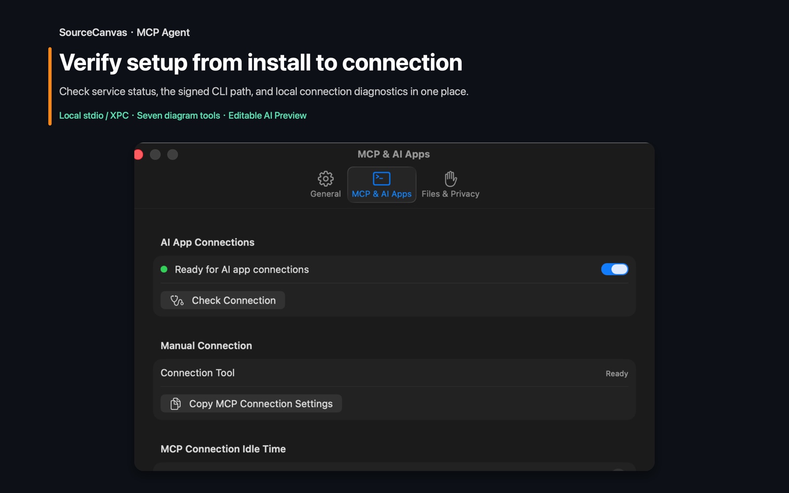 SourceCanvas MCP and Agent configuration settings on macOS: Diagnose the connection