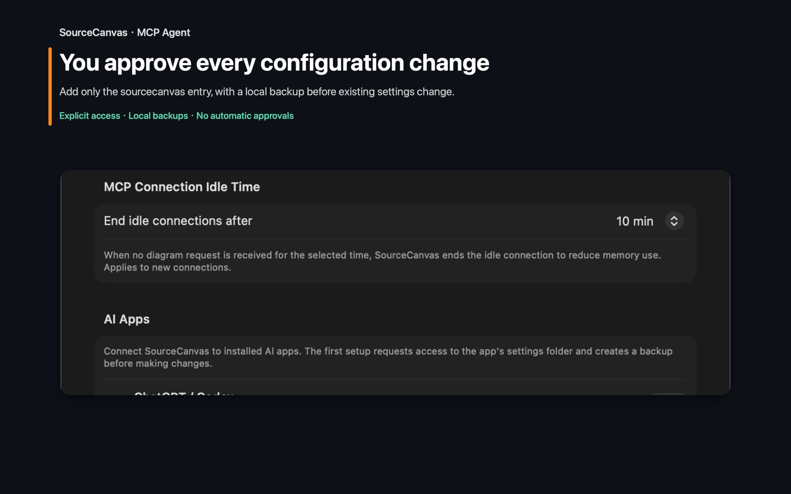 SourceCanvas MCP and Agent configuration settings on macOS: Write only after approval